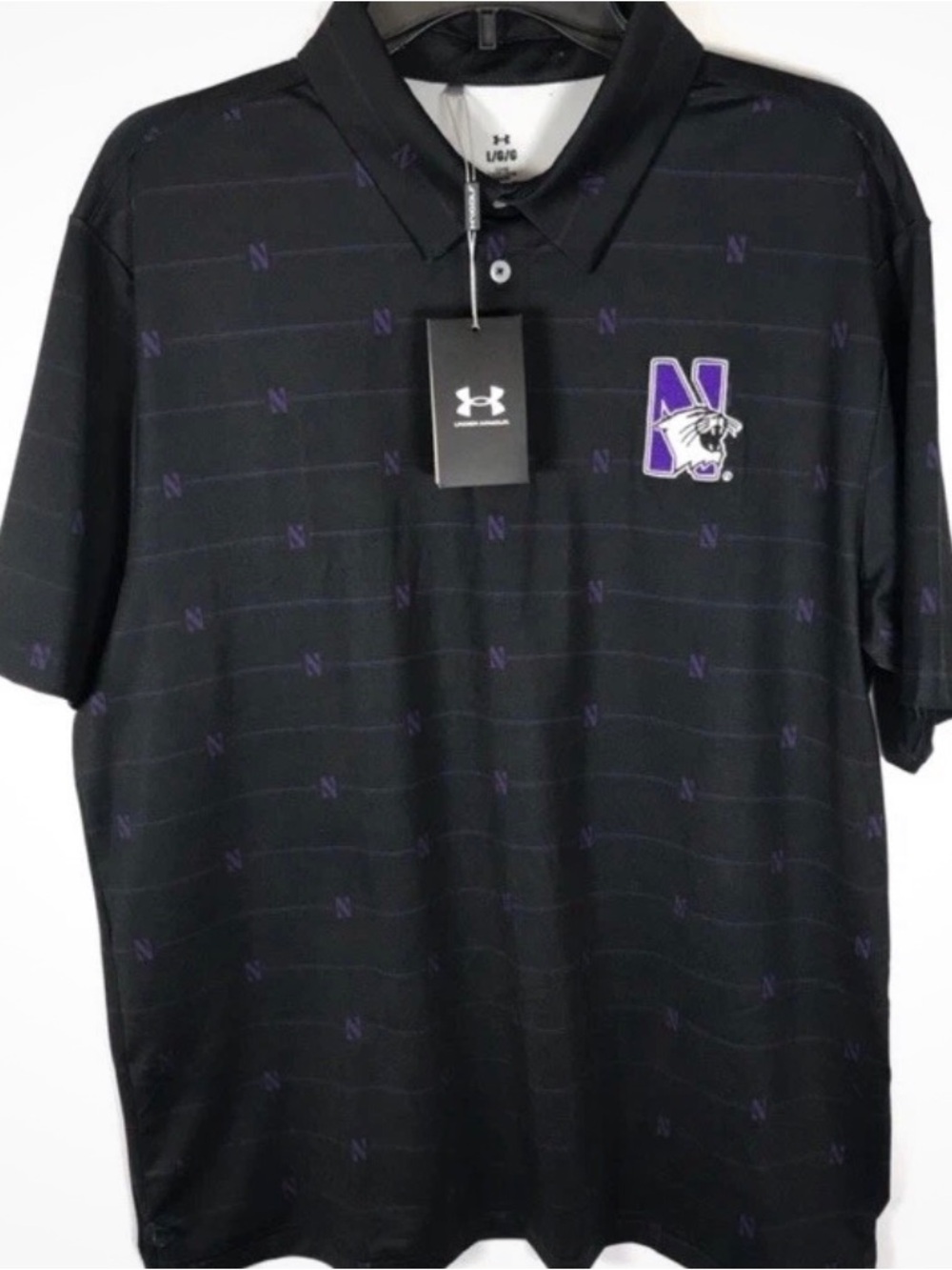 Under Armour Loose Fit Mens Black Polo with Purple Northwestern Logo Size Large
